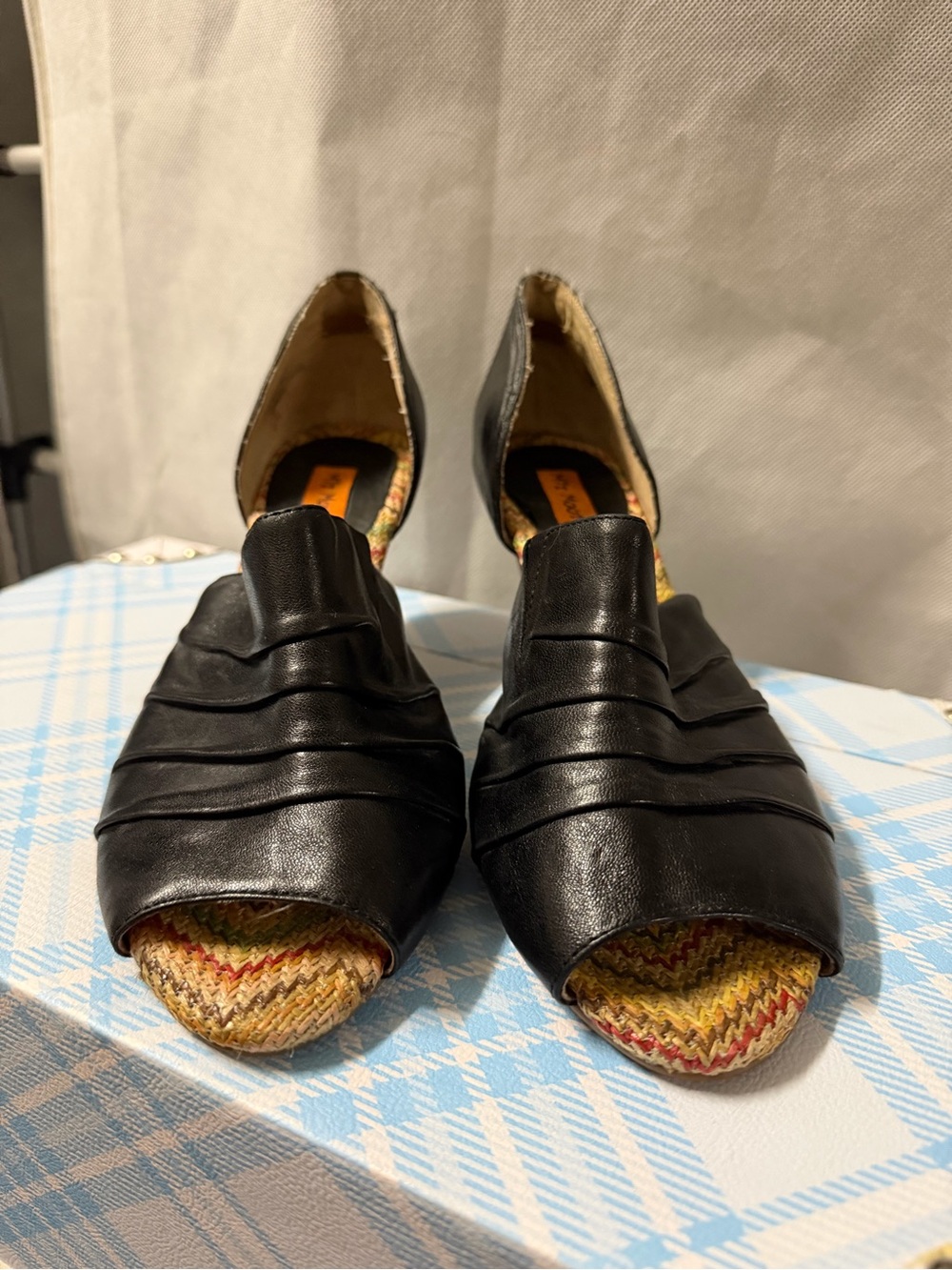 Miz Mooz Black Leather Peep-Toe Slip-On Mules